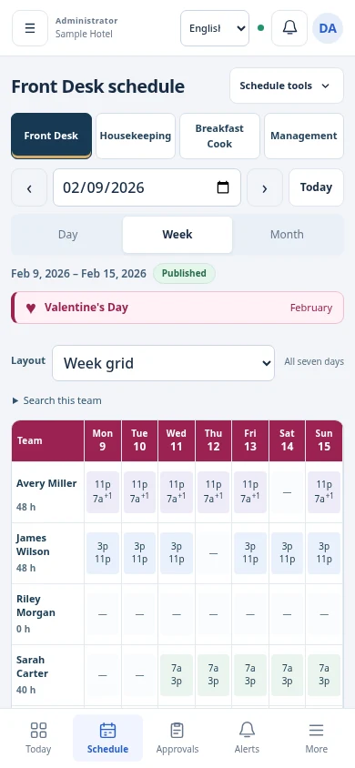 Actual mobile seven-day employee grid