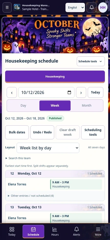 Actual phone view listing staff and shift times by day